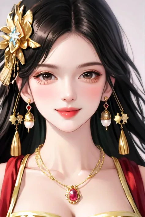 1girl, upper body, black hair, closed mouth, earrings, hair ornament, jewelry, long hair, looking at viewer, necklace, portrait, smile, solo, high quality,correct composition, milf,big breasts,(shiny skin),(masterpiece:1.4),(best quality:1.4) <lora:fashionGirl_v30:1>
