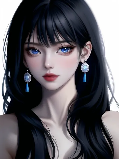 1girl, black hair, blue eyes, closed mouth, collarbone, earrings, jewelry, lips, long hair, looking at viewer, parted bangs, portrait, simple background, solo, white background,(masterpiece:1.4),(best quality:1.4),(shiny skin)