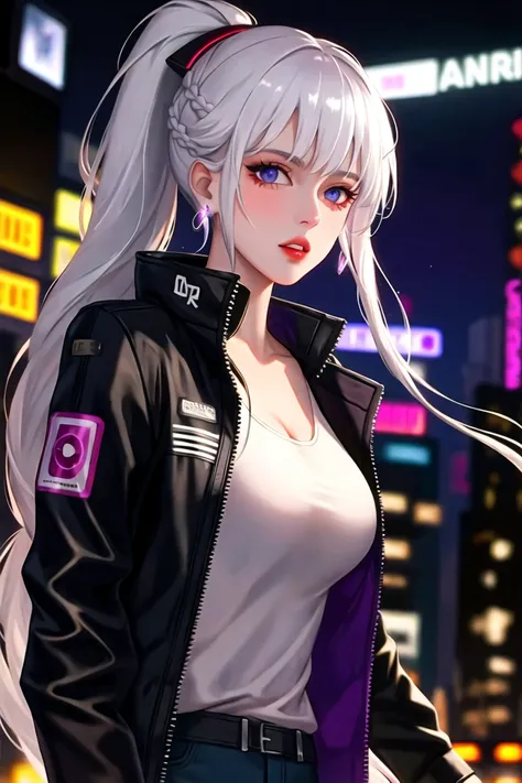 1girl, bangs, white hair, black jacket, blue eyes, blurry, blurry background, braid, breasts, earrings, from side, jacket, jewelry, long hair, looking at viewer, open clothes, open jacket, high ponytail,(mecha), glowing purple eyes, solo, upper body,baiyi,[[realistic]],(shiny skin),(masterpiece:1.4),(best quality:1.4),red lips,parted lips,night,cityscape,neon lights,cyberpunk,(HDR:1.3)