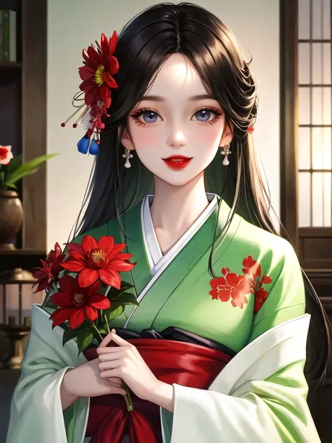 masterpiece,best quality,absurdres,original,extremely delicate and beautiful,beautiful detailed eyes and face,1girl, black_hair, flower, japanese_clothes, looking_at_viewer, straight-on, red_flower, solo,smile,red lips,(masterpiece:1.4),(best quality:1.4)
