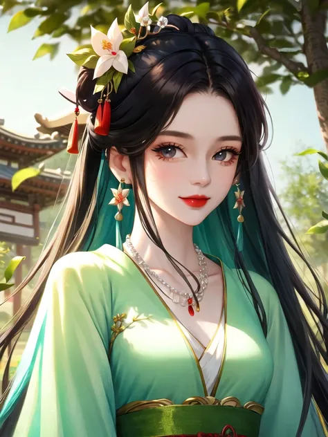 1girl, black hair, closed mouth,(hanfu),chinese clothes,red lips, earrings, flower, hair ornament, jewelry, long hair, looking at viewer, necklace, portrait, smile, solo, upper body,(shiny skin),(masterpiece:1.4),(best quality:1.4)