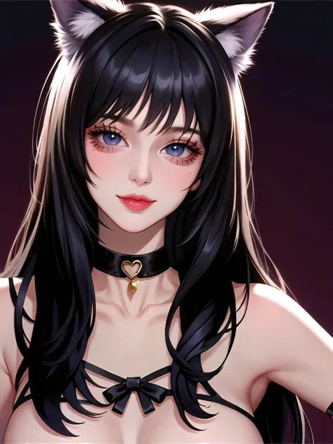 1girl, animal ears, bangs, black choker, black hair, blue eyes, blurry, cat ears, choker, closed mouth, collarbone, eyelashes, lips, long hair, looking at viewer,seductive smile,very beautiful mature female,(milf), portrait, simple background, solo,(masterpiece:1.4),(best quality:1.4),(shiny skin)