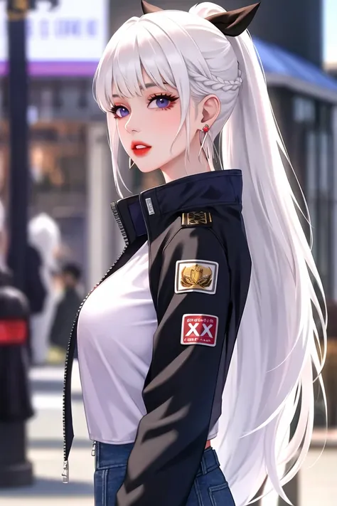 1girl, bangs, white hair, black jacket, blue eyes, blurry, blurry background, braid, breasts, earrings, from side, jacket, jewelry, long hair, looking at viewer, open clothes, open jacket, ponytail, purple eyes, solo, upper body,baiyi,[[realistic]],(shiny skin),(masterpiece:1.4),(best quality:1.4),red lips,parted lips
