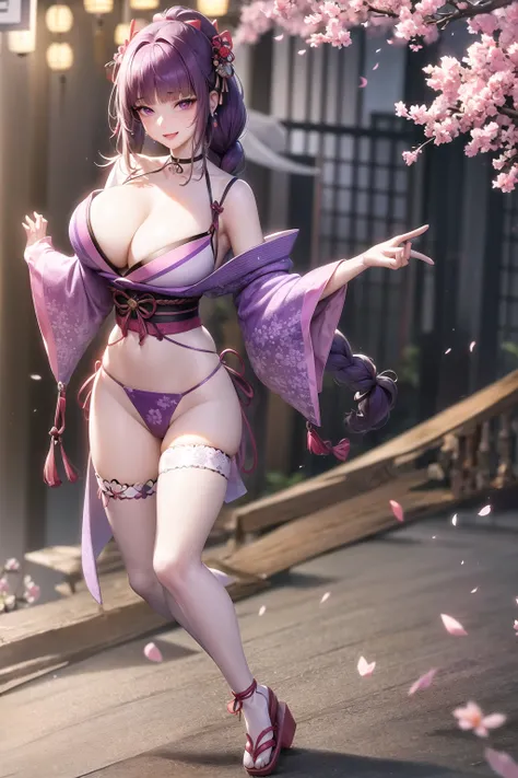<lora:fashionGirl_v20SmallFileSize:0.7>, ultra realistic 8k CG, perfect artwork,1woman,((full body,perfect female figure)), mature female,milf,looking at viewer, clean, beautiful face,detailed face, pure face,smirk, pale skin ,shiny skin, purple hair, blunt bangs, single long braid,purple eyes,mole under eye,huge breasts,cleavage,hair ornament, ribbon choker,(japanese clothes,yukata,kimono, lilac clothes),bare shoulders, (red obi,lilac skirt,purple thighhighs),geta,fighting stance,(katana),sakura background,tenshukaku