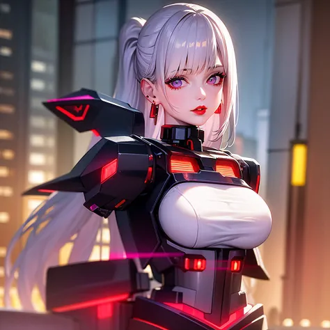 <lora:fashionGirl_v40:0.6>, red lips, 1girl, bangs, white hair, black jacket, blue eyes, blurry, blurry background, braid, breasts, earrings, from side, jacket, jewelry, long hair, looking at viewer, open clothes, open jacket, high ponytail, ((mecha:1.32)), glowing purple eyes, solo, upper body, baiyi, [[realistic]],(shiny skin), highly detailed background, (masterpiece:1.4),(best quality:1.4), red lips, parted lips, night, cityscape, neon lights, cyberpunk,(HDR:1.3)