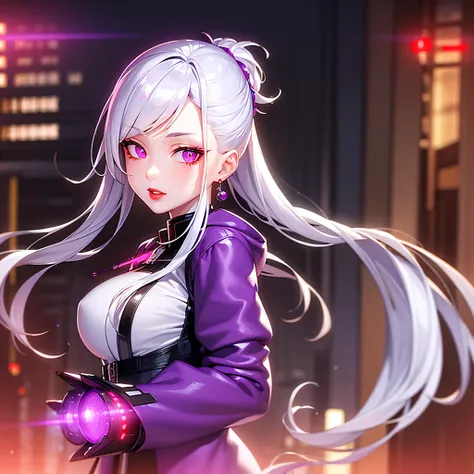 <lora:fashionGirl_v40:0.6>, red lips, 1girl, bangs, white hair, black jacket, blue eyes, blurry, blurry background, braid, breasts, earrings, from side, jacket, jewelry, long hair, looking at viewer, open clothes, open jacket, high ponytail, (mecha), glowing (purple eyes:1.41), solo, upper body, baiyi, [[realistic]],(shiny skin), highly detailed background, (masterpiece:1.4),(best quality:1.4), red lips, parted lips, night, cityscape, neon lights, cyberpunk,(HDR:1.3)