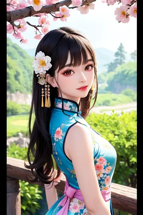 masterpiece,best quality,extremely delicate and beautiful, beautiful detailed eyes and face, clear sharp focus,((chinese style )),(flowers,woods),outdoors,rocks, looking at viewer, make happy expressions,soft smile,pure,beautiful intricacy clothing decorative pattern details, black hair,black eyes, <lora:fashionGirl_v47:0.55>,1 fashi-girl,makeup, arms behind back