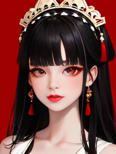 1girl, bangs, black hair, blunt bangs, closed mouth, earrings, eyelashes, eyeshadow, facial mark, hair ornament, headdress, jewelry, lips, long hair, looking at viewer, makeup, multicolored hair, portrait, red eyes, red lips, simple background, solo, tassel, white background, (shiny skin),(masterpiece:1.4),(best quality:1.4),realistic,fashi-girl