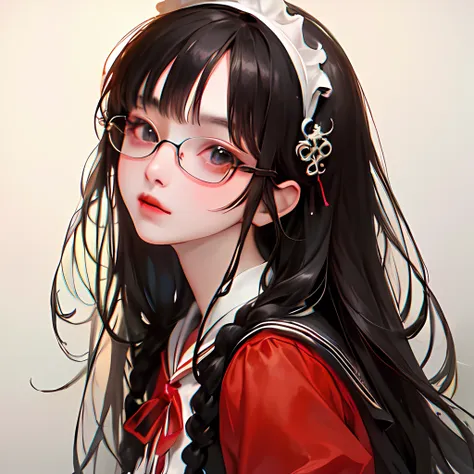 (((masterpiece))), (best quality),(highres),(ultra_detailed),illustration,extremely detailed CG, 8k wallpaper, elaborate features,skirt,portrait,realistic,school,serafuku,long hair,bangs,1braid,realistic,cute,bedroom background,red eyes,looking at viewer,maid hairband,makeup,glasses, <lora:fashionGirl_v47:1>,fashi-girl,