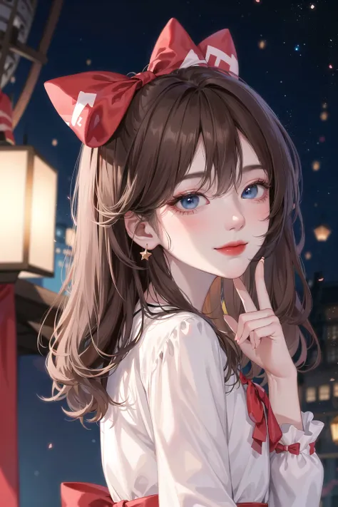 (extremely delicate and beautiful:1.2),1girl,fashi-girl, bangs, blue eyes, blurry, blurry background, bow, brown hair, closed mouth, from side, hair between eyes, hair bow, lantern, light particles, long sleeves, looking at viewer, medium hair, night, red bow, solo, star \(symbol\), upper body,smile,red lips