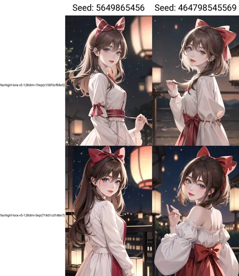 (extremely delicate and beautiful:1.2),1girl,fashi-girl, bangs, blue eyes, blurry, blurry background, bow, brown hair, closed mouth, from side, hair between eyes, hair bow, lantern, light particles, long sleeves, looking at viewer, medium hair, night, red bow, solo, star \(symbol\), upper body,smile,red lips