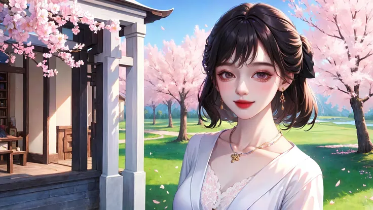 <lora:fashionGirl_v50:1>, realistic, masterpiece, best quality, 1girl, solo, highres, smile, looking at viewer, medium breast, black hair, necklace, jewelry, earrings, messy hair, bangs, lace, chinese clothes, bow, collarbone, bracelet, peach blossom trees