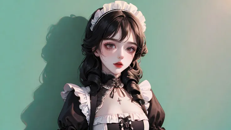 <lora:fashionGirl_v50:1>,{best quality}, {{masterpiece}}, {highres}, original, extremely detailed wallpaper, 1girl,maid,gothic,fashion,black hair,curly hair, pastel color,sketch, ,