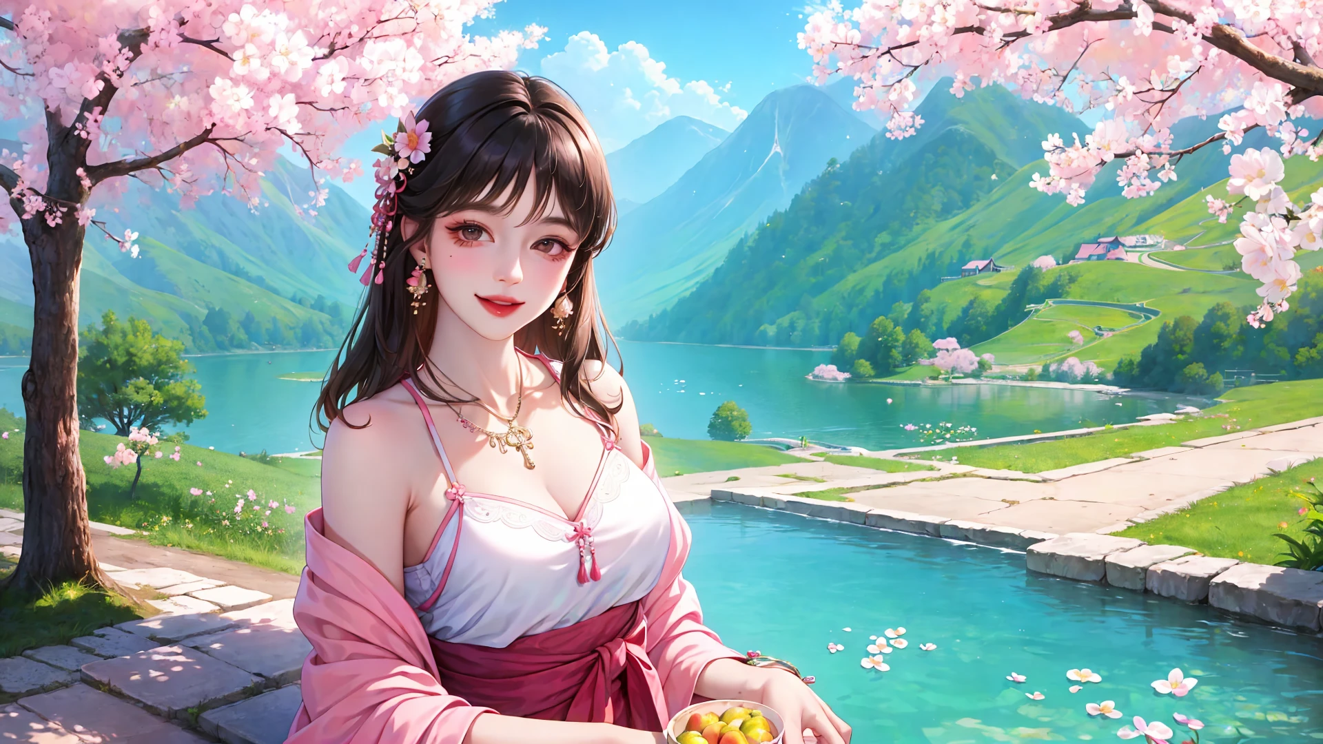 <lora:fashionGirl_v50:1>, realistic, masterpiece, best quality, 1girl, solo, highres, smile, looking at viewer, medium breast, black hair, necklace, jewelry, earrings, messy hair, bangs, lace, chinese clothes, bow, collarbone, bracelet, peach blossom trees