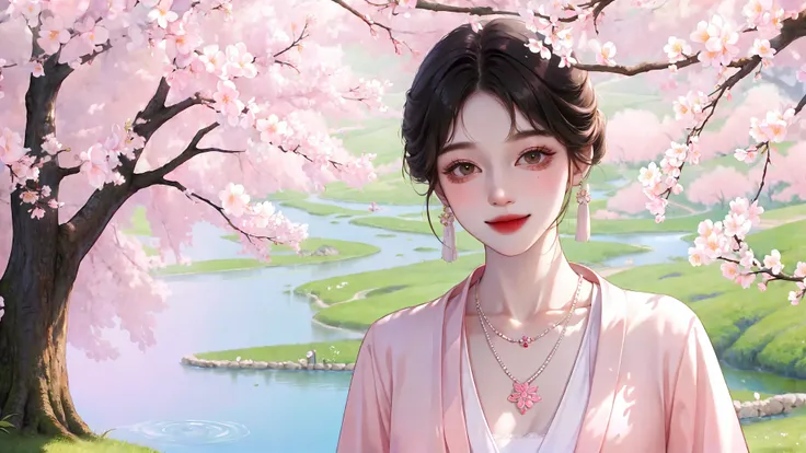 <lora:fashionGirl_v50:1>, realistic, masterpiece, best quality, 1girl, solo, highres, smile, looking at viewer, medium breast, black hair, necklace, jewelry, earrings, messy hair, bangs, lace, chinese clothes, bow, collarbone, bracelet, peach blossom trees