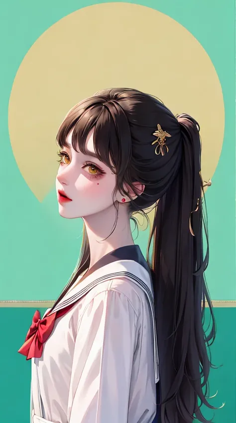<lora:fashionGirl_v50:1>,{profile picture}, {an extremely delicate and beautiful girl}, cg 8k wallpaper, masterpiece, cold expression, handsome, medium breastsupper body, looking at viewer, school uniform, sailor suit, insanity, black hair, messy long hair, yellow eyes, beautiful detailed eyes {{a black cross hairpin}}, handsome,Hair glows,dramatic angle,red  bow,earrings,