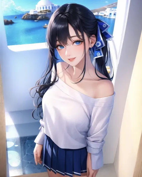 (masterpiece:1.5), illustration, 4k, 8k, (high quality:1.1), highly detailed, detailed face, HDR, vivid colors, natural lighting, pretty eyes, beautiful face, <lora:theovercomer8sContrastFix_sd15:0.7>, full body, 1girl, blue eyes, wavy black hair, bangs, (hair between eyes), sidelocks,  hair ribbon, <lora:fashionGirl_v50:0.6>, fashi-girl, makeup, realistic, smiling, wearing off shoulder (sweater), pleated skirt, standing in (mykonos greece), establishing shot
