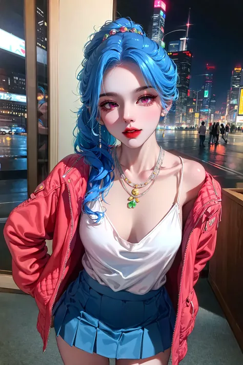 <lora:fashionGirl_v50:1>, (masterpiece:1.4), (best quality:1.4), realistic, 1gril, solo, ((light blue hair)), hair ornament, very long hair, pink eyes, collarbone, upper body, slim body, shiny skin, detailed face, make up, red lips, parted lips, upper teeth, cleavage, small breasts, (jacket, pleated skirt), blue nails, necklace, earrings, fashi-girl, looking at viewer, professional light, night, future city, science fiction city, cyberpunk, spacecraft,<lora:stLouisLuxuriousWheels_v1:0.66>