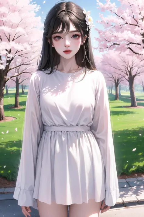 (1girl: 2), (detailed eyes:1.3), (best quality:1.4), (masterpiece:1.4), ultra-high res, (shiny skin), black hair, (black eyes), ((looking at viewer, facing viewer)),
medium hair, hair down, bangs, hair between eyes, hair over shoulder,
full body shot,
outdoors, cherry blossom trees,
<lora:fashionGirl_v50:0.9>,