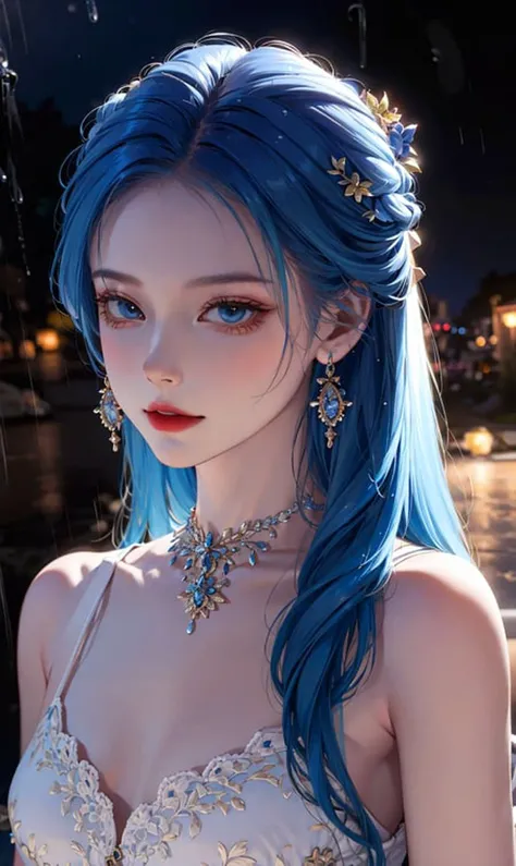 <lora:fashionGirl_v50:0.66>, <lora:koreanDollLikeness_v10:0.2>, (masterpiece:1.4), (best quality:1.4), realistic, 1gril, solo, ((light blue hair)), hair ornament, long hair, blue eyes, collarbone, portrait, red lips, parted lips, (cleavage, pleated skirt), small breasts, blue nails, necklace, earrings, fashi-girl, looking at viewer, professional light, night, rain, outdoors, <lora:shojovibe_v11:0.7>,