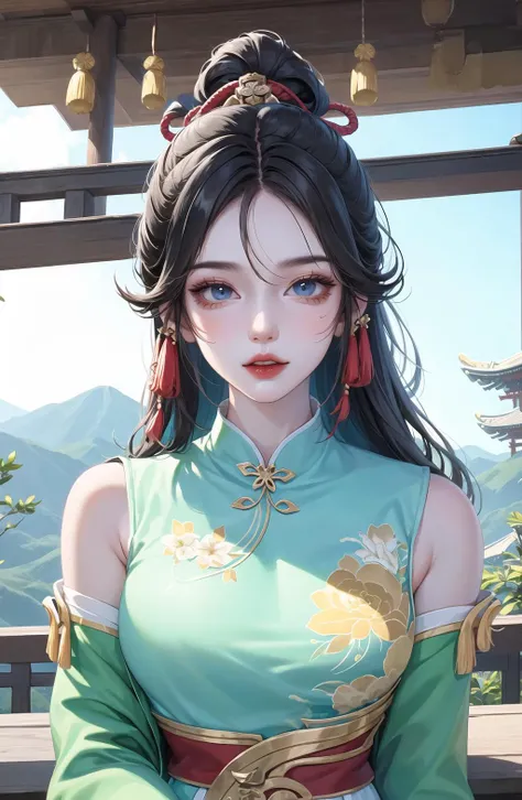 1girl,upper body,fashi-girl,(masterpiece:1.4),(best quality:1.4),(shiny skin),red lips,looking at viewer,breasts,parted lips,soft,cure beauty, high ponytail, blue eyes, sideways, shy,hair between eyes, chinese background,depth of field,temple, sad, chinese architecture,chipao,hairpin,black hair,flowers pattern,light green clothes,holy,genshin impact, beauty nevus,
