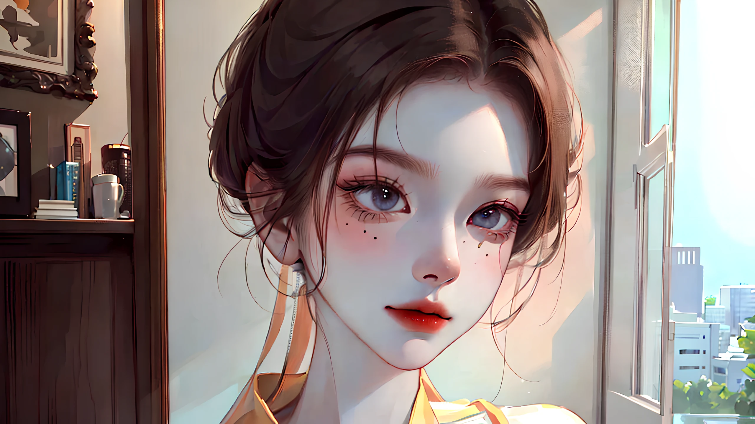 (((Masterpiece))), (((Best Quality: 1.4))), ((Super Detail: 1.4)) , In the center of the image is a portrait of a gorgeously made-up woman standing on a terrace, looking into the distance, fan in hand, looking confident and relaxed.
<lora:fashionGirl_v50:1>