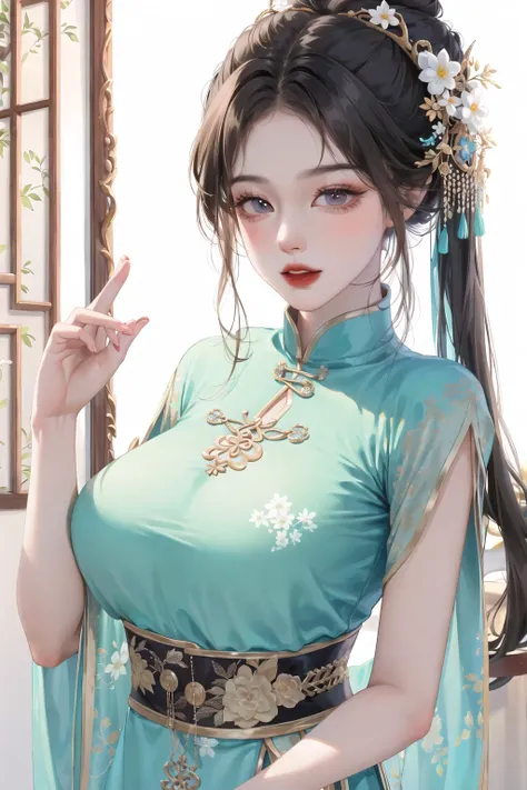 1girl,upper body,fashi-girl,china dress,chinese clothes,hair flower,(masterpiece:1.4),(best quality:1.4),(shiny skin),red lips,looking at viewer,large breasts,parted lips <lora:fashionGirl_v50:1>