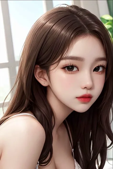 <(masterpiece, best quality:1), delicate, ultra realistic 8k CG, perfect artwork, (photorealistic:1.1), 
<k-pop, 1girl, solo, facing front, focus on face>,
<long hair, straight hair, brown hair, shiny hair, shiny skin, large breasts, (perfect shape body)>,
<sit, outside, daylight, blurry background, cinematic light>,
<lora:fashionGirl_v50:0.6>