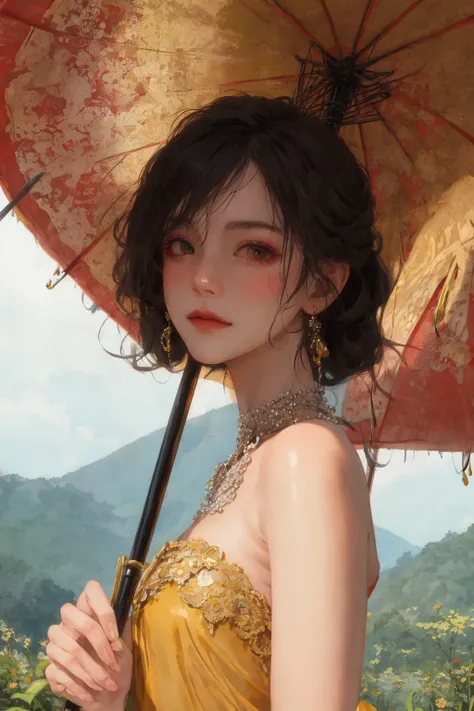 intricate details, (latex skin: 1.1) and (perfectly shiny skin: 1.2) and (damp skin: 1.1), (very detailed face), (masterpiece, realistic: 1.3), (extremely complex: 1. 2)>, intricate and fine details, (sculptural skin texture: 1.1) and (shiny shiny skin: 1.2) and (slightly damp skin: 1.1),
Lady, wearing a red evening gown and an elegant black bowler hat. She is standing in front of an old castle, surrounded by a lush green lawn and distant mountains. Her posture was dignified and noble, holding an umbrella in her hand, as if she was waiting for an appointment. Her face is not exactly out of this world, but it exudes a faint elegance and confidence.
<lora:fashionGirl_v50:0.3>