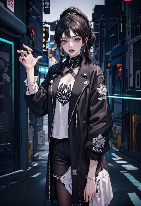 hugefilesizebestquality,highlydetailed,masterpiece,ultra-detailed,extremelydetailedCGunity8kwallpaper,Solo, upper body only, one girl,fashi-girl, long hair, ponytail, black hair, black suspender, gray coat, black collar, metal jewelry, ring earrings, blue eyes, night, neon lights, city, blurred background, <lora:fashionGirl_v50:1>