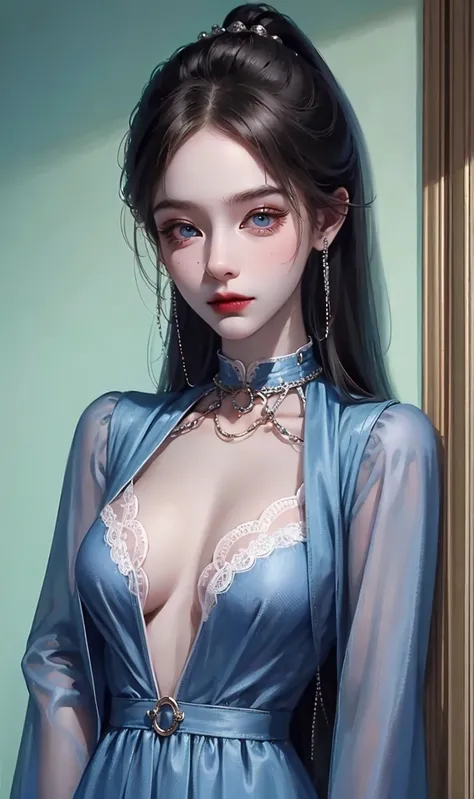 hugefilesizebestquality,highlydetailed,masterpiece,ultra-detailed,extremelydetailedCGunity8kwallpaper,realistic,Solo, Portrait of a girl,fashi-girl, long hair, ponytail, black hair, black suspender, gray coat, black collar, metal jewelry, ring earrings, blue eyes, <lora:fashionGirl_v50:1>