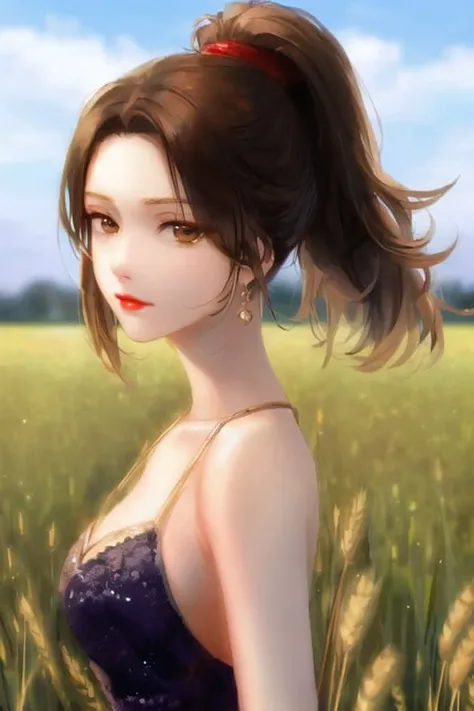 (masterpiece:1.4),
(best quality:1.4),
ultra-high res,
8K, CG,
(extremely delicate and beautiful:1.2),

upper body,
from side,
looking at viewer,

1girl,
solo,
fashi-girl,
mature girl,

cute, sweet,

in the wheat field,
blurry background,

long brown hair,
ponytail hair,

brown eyes,
closed mouth,
red lips,

white dress,
medium breasts,