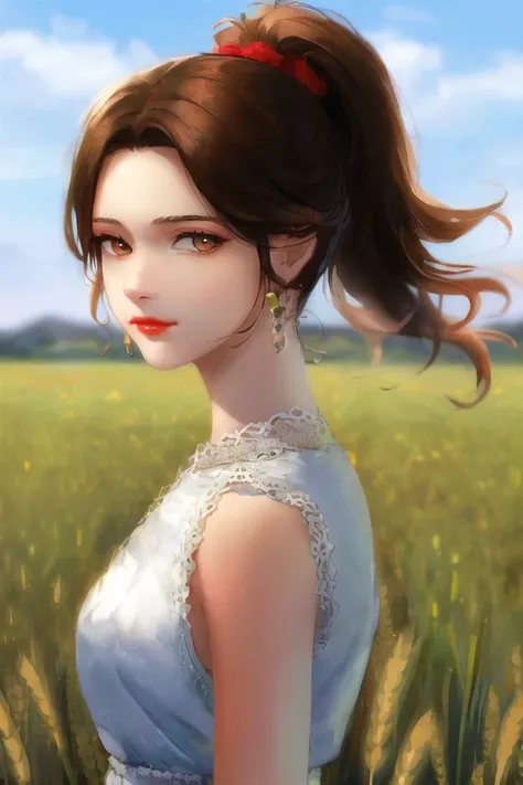 (masterpiece:1.4),
(best quality:1.4),
ultra-high res,
8K, CG,
(extremely delicate and beautiful:1.2),

upper body,
from side,
looking at viewer,

1girl,
solo,
fashi-girl,
mature girl,

cute, sweet,

in the wheat field,
blurry background,

long brown hair,
ponytail hair,

brown eyes,
closed mouth,
red lips,

face brushed by the wind,

white dress,
medium breasts,