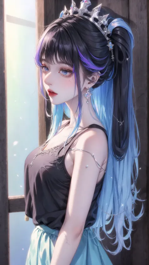 <lora:fashionGirl_v50:1>,{profile picture}, {an extremely delicate and beautiful girl}, cg 8k wallpaper, masterpiece, cold expression, handsome, medium breastsupper body, looking at viewer, fashion skirt, cute t-shirt, rainbow hair, greyish eyes, beautiful detailed eyes {{a black cross hairpin}}, handsome,Hair glows,dramatic angle,diamond crown,earrings,