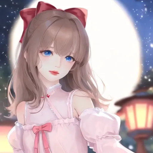 (extremely delicate and beautiful:1.2),1girl,fashi-girl, bangs, blue eyes, blurry, blurry background, bow, brown hair, closed mouth, from side, hair between eyes, hair bow, lantern, light particles, long sleeves, looking at viewer, medium hair, night, red bow, solo, star \(symbol\), upper body,smile,red lips <lora:fashionGirl_v50:1>