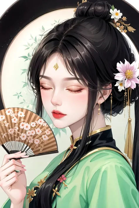 1girl, black hair, china dress, chinese clothes, closed eyes, closed mouth, dress, flower, hair bun, hair ornament, hand fan, holding, holding fan, makeup, painting \(medium\), paper fan, portrait, solo, watercolor \(medium\),fashi-g,<lora:fashigirl-loha-v5.1-64dim-10ep-naivae:0.7>