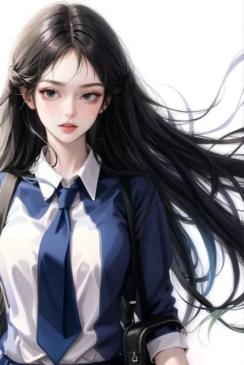 1girl, bag, black eyes, black hair, blue shirt, floating hair, lips, long hair, school uniform, shirt, solo, upper body, white background,fashi-g,<lora:fashigirl-loha-v5.1-64dim-10ep-naivae:0.7>
