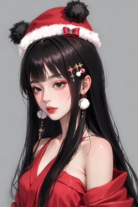 1girl, bangs, bare shoulders, black eyes, black hair, blunt bangs, collarbone, hair ornament, hair stick, hair tubes, hat, hime cut, japanese clothes, lips, long hair, looking to the side, makeup, pom pom \(clothes\), solo, tokin hat, upper body,(masterpiece:1.4),(best quality:1.4),(shiny skin),fashi-g,<lora:fashigirl-loha-v5.1-64dim-10ep-naivae:0.7>