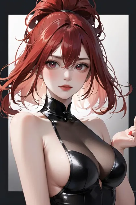 1girl, bangs, bare shoulders, black background, blush, border, breasts, china dress, chinese clothes, closed mouth, crossed bangs, dress, hair between eyes, hair intakes, hand up, long hair, looking at viewer, ponytail, red eyes, red hair, sidelocks, simple background, sleeveless, solo, upper body, v-shaped eyebrows,(masterpiece:1.4),(best quality:1.4),(shiny skin),fashi-girl,red lips