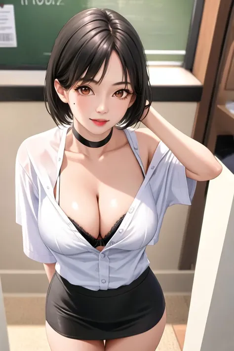 1girl, arms behind back, bangs, bare shoulders, black bra, black hair, black nails, black skirt, bra, breasts, choker, cleavage, collarbone, large breasts, looking at viewer, miniskirt, mole under mouth, nail polish, off-shoulder shirt, off shoulder, orange eyes, parted bangs, parted lips, pencil skirt, short hair, smile, solo, standing, thighs, underwear, white shirt,realistic,shiny skin,steaming body,(upper body),office lady,day,dated, (shiny skin:1.2),(masterpiece:1.4),(best quality:1.4),(shiny skin),realistic
