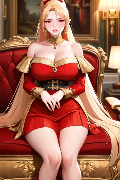 (Highres), 4K, Detailed, (Inricate Details:1.2), (Hyper Detailed:1.4), (Digital Art:1.2), Ornate, Indoors, Renaissance, Renaissance Architecture, Vintage Windows, Royal Furniture, (Red Sofa:1.4), Red Pillows, (Solo:1.4), Mature Female, (Sitting:1.2), Sitting on Sofa, (Very Long Blonde High Ponytail:1.4), (Red Eyes:1.4), (Half-Closed Eyes:1.4), (Glaring:1.4), (Contempt:1.4), (Disgust:1.4), (Tsurime:1.4), Looking at Viewer, (Puffy Lips:1.4), Parted Lips, Open Mouth, Curvy, Large Breasts, Fully Clothed, (Gold-Trim Off-Shoulder Long Red Gown:1.3), (Long Skirt:1.4), (Puffy Long Juliet Sleeves:1.4), Jewelry,(masterpiece:1.4),(best quality:1.4),(shiny skin)