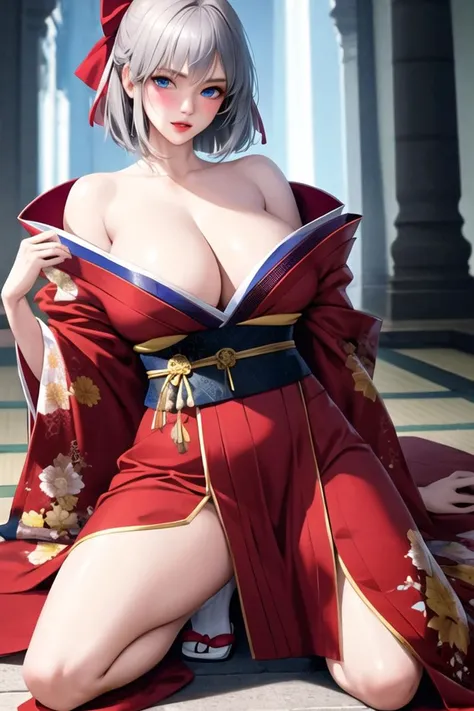 1girl, bare shoulders, blue eyes, blush, bow, breasts, cleavage, collarbone, crystal, grey hair, hair bow, huge breasts, ice, japanese clothes, kimono, kneeling, large breasts, looking at viewer, low neckline, no panties, off shoulder, parted lips, shiny, short hair, solo, spread legs, thighs, white bow, white kimono, wide sleeves,(shiny skin),(masterpiece:1.4),(best quality:1.4),realistic