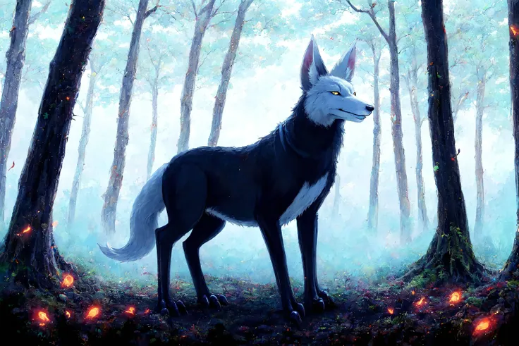 a close up of a white fox, in a dark forest, fireflies, scary, demonic, (no humans:1.9), <lora:StarkJourney:1.0>