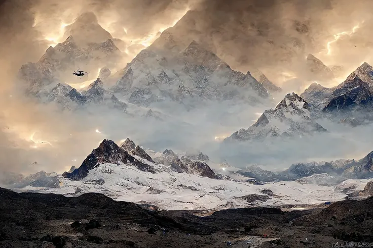 a UFO over Mount Everest, lightning, (no humans:1.9), <lora:MadeJourney:1.0>