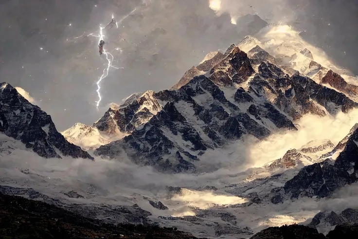 a UFO over Mount Everest, lightning, (no humans:1.9), <lora:MadeJourney:1.0>