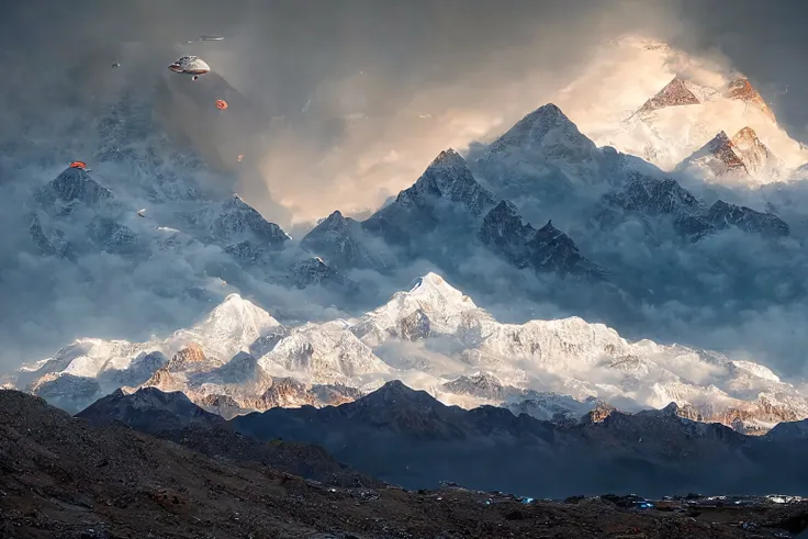 a UFO over Mount Everest, lightning, (no humans:1.9), <lora:MadeJourney:1.0>