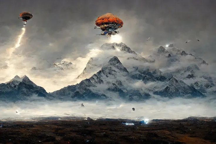 a UFO over Mount Everest, lightning, (no humans:1.9), <lora:MadeJourney:1.0>