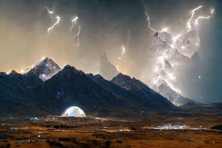 a UFO over Mount Everest, lightning, (no humans:1.9), <lora:MadeJourney:1.0>