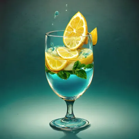 a lobster dinner, lemon slice, glass of blue liquid, food art, fantasy art, (no humans:1.9), <lora:MadeJourney:1.0>