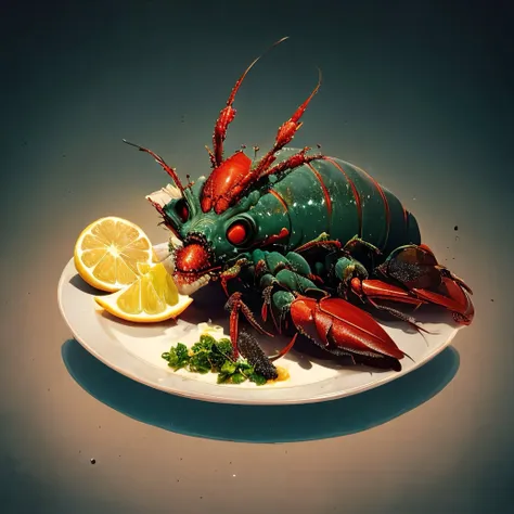 a lobster dinner, lemon slice, glass of blue liquid, food art, fantasy art, (no humans:1.9), <lora:MadeJourney:1.0>